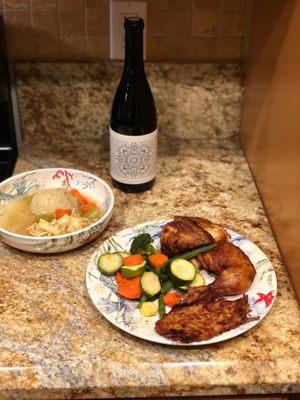 Grilled chicken, veggies and matzoball soup.