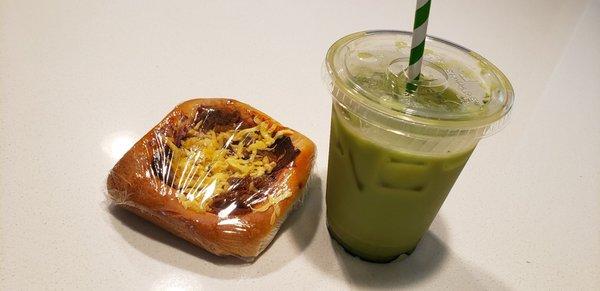 Pizza bread (one of my favs) with an iced matcha latte!