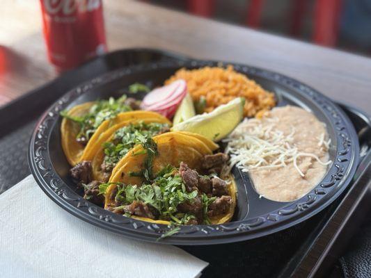 3 carne asada taco combo with rice and beans