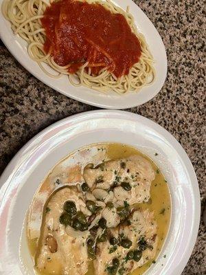 Chicken Piccata and a side of spaghetti