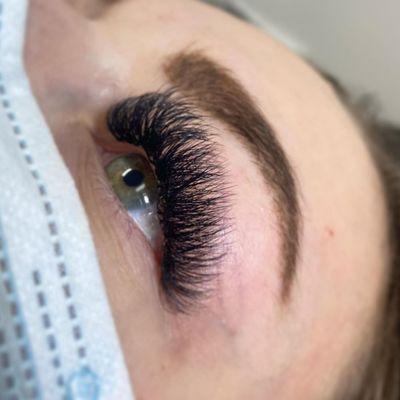 Volume eyelash extensions and brow wax & tint