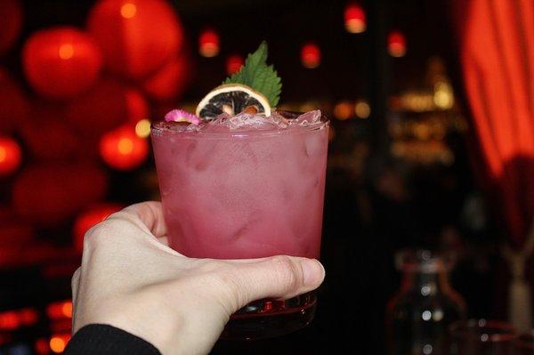 The For Our Friends is made with mezcal, almond, grapefruit, blackberry, lime, & shaken.