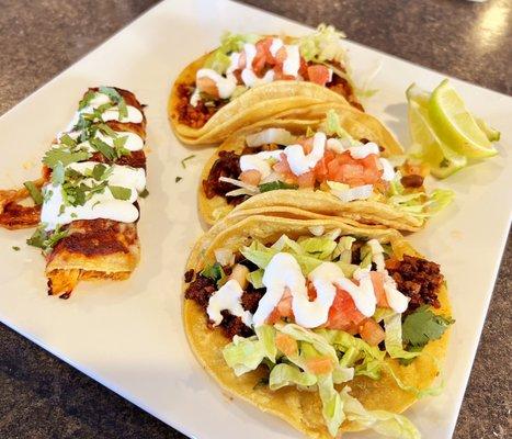 Chicken Enchilada and three tacos