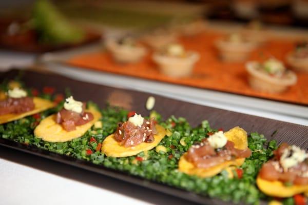 Tuna Tartare on a Plantain Disc with Avocado Cream