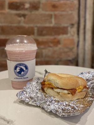 Strawberry Banana Smoothie and Bacon Breakfast Sandwich