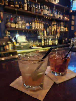 On the Left:  Mezcal Paloma (Grapefuit + Soda), Tajin Rim On the Right:  Bourbon Old Fashioned