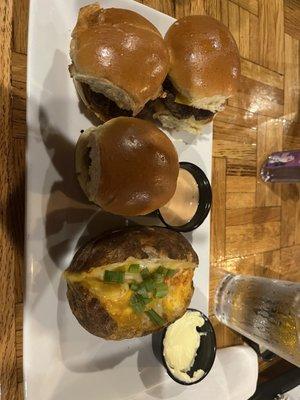 Mini cheese burgers and loaded baked potato - good