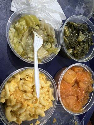 Macaroni & Cheese, Cabbage, Greens & Yams.