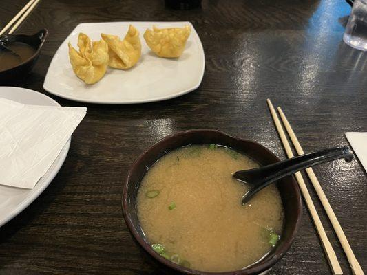 Crab Rangoon and miso soup (soup good & Rangoon bad)