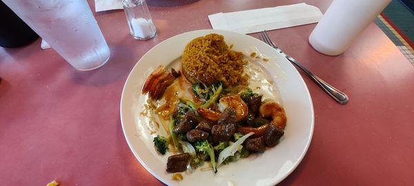 Steak and shrimp minus one scoop of rice