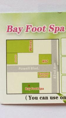 Bay foot spa is located in a small off-street strip plaza between Bucket Brigade Sports Restaurant and Black Rock Coffee.