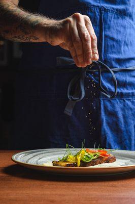 Fennel Rubber Pork Belly celeriac, arugula, vinegar peppers, fennel pollen