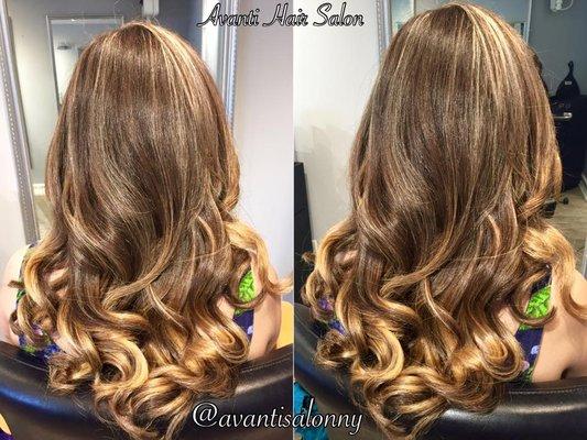 A beautiful balayage with babylights and some loose curls.