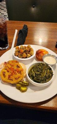 A chicken collard greens fried okra and corn bread Plate with fried green tomatoes