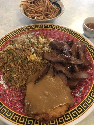 BBQ pork, Chinese sausage, fried rice, egg foo young. Lunch special with big portions.