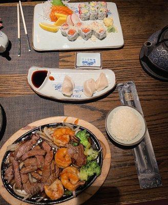 Top:avocado & tuna rolls, egg custard & salmon sashimi. Bottom: shrimp & beef teriyaki w/broccoli