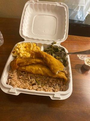 Whiting, rice n peas, Collard Greens, Macaroni and Cheese