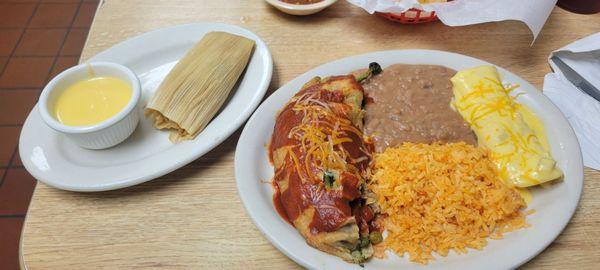 Chili relino, tamales, and  pork enchilada.