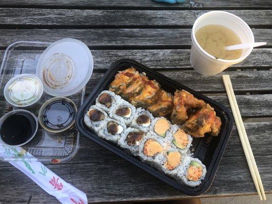 Roll Combo D: Calamari Tempuri w/ cream cheese roll, spicy California roll, and dynamite roll. With soup and salad (not pictured)