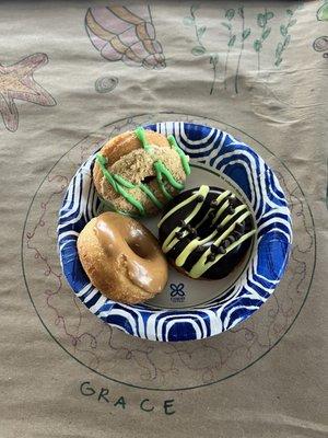 Maple donut, key lime pie donut, and banana chip donut