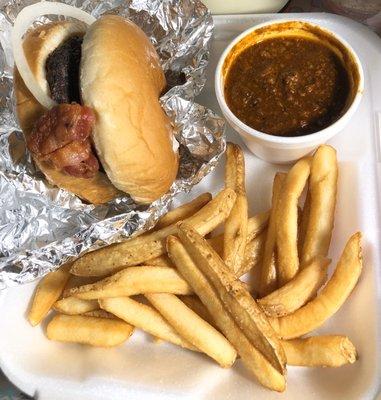 Out west burger with fries and chili