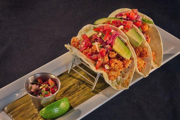 SHRIMP TACOS Warm Flour Tortillas with Pico de Gallo & Chipotle Sour Cream