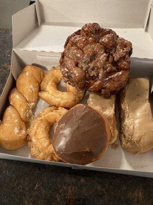 Blueberry Fritter, Cream Filled, Maple Bar, Glazed Old Fashioned, Glazed Twist