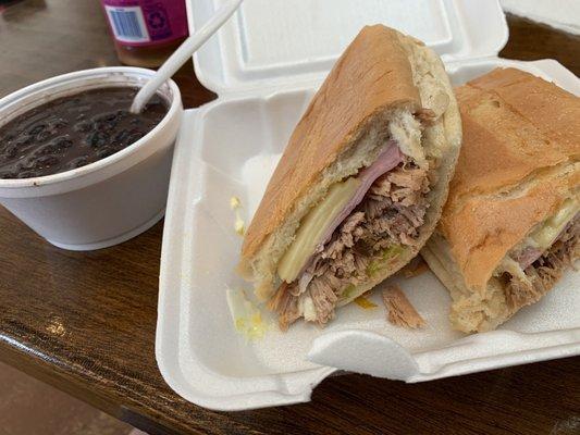 Cuban sandwich and black beans - note that sandwich comes with mayo (never had it that way before).