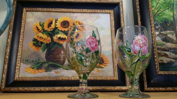 Flower Paintings and Handpainted Glasses