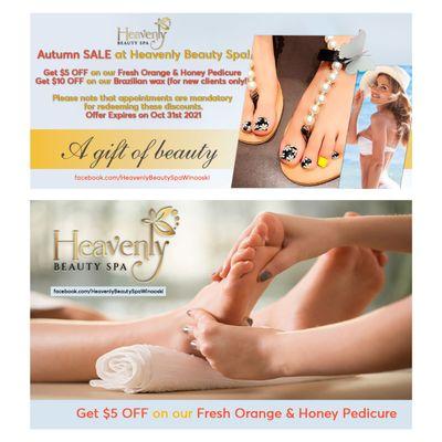 Get $5 OFF on our Fresh Orange & Honey Pedicure. Get $10 OFF on our Brazilian wax (for new clients only!). Offer Expires on Oct 31st, 2021