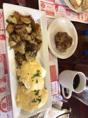 Eggs Benedict & side of hot sausage (hot sausage only available on the weekends)