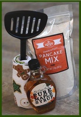 Pancake Mix, syrup, tea towel, and utensil gift set.