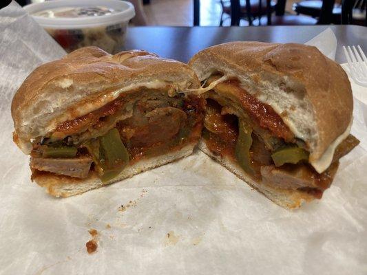 Sausage, eggplant, peppers, provolone