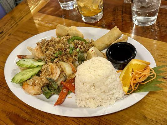 Basil Fried Rice with Shrimp Combo Plate (all combos are served with jasmine or brown rice, two dumplings, and two spring rolls)