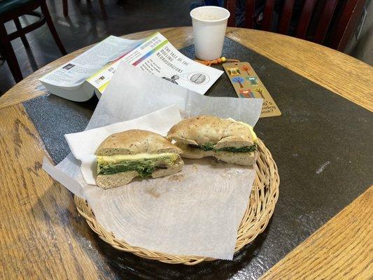 Spinach, mushroom and Swiss cheese on a bagel