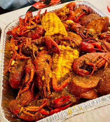 3 lbs Crawfish with Cajun & Garlic Butter; Hot; added Sausage