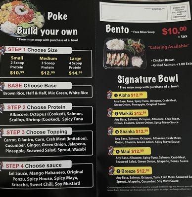 Poke bowl menu