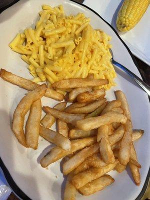 Kids mac n cheese and fries with a side of plain street corn.