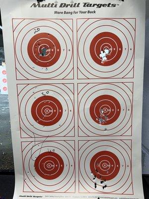 Top is 20ft, mid is 30, bottom is 40. Left is my daughter 22lr handgun, right is me 9mm handgun. What a difference 10 feet makes.