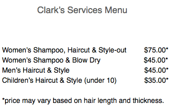 Clark Hair Menu