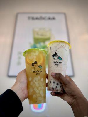 Pineapple Lychee Fruit Tea (Jasmine) and Peach Milk Tea