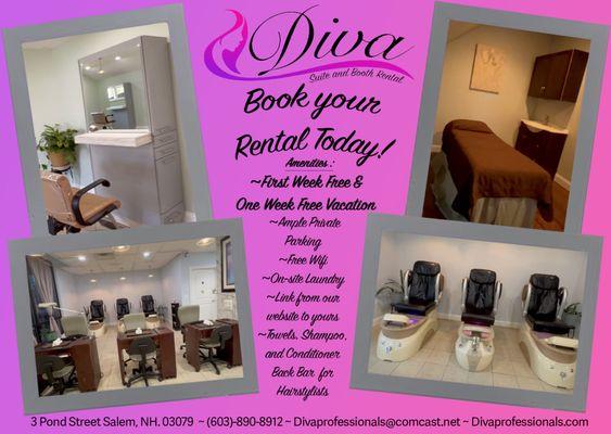 Diva Professionals is offering Booth and Suite Rental for Hair, Nails, Esthetics, Massage and More! Inquire about a rental today!