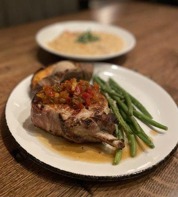 *PORK CHOP  green beans, baked sweet potato brülée, bourbon glaze