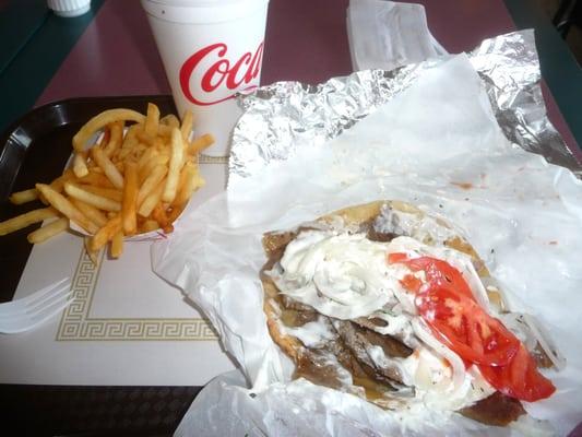 Gyro, fries and Coke- ALMOST $10 DOLLARS!!! They refused my request for freshly made fries- I was served hard, stale fries!