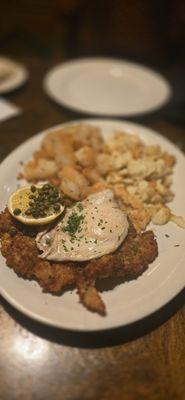 Lemon caper schnitzel, egg noodles, and potatoes