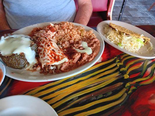 Pick 3 burrito, chili relleno, taco, rice and beans