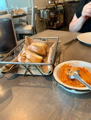 Bread and some spread they didn't tell us what it was I think it was red pepper hummus