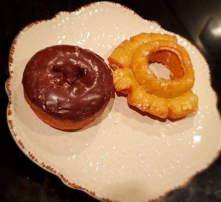 Chocolate Frosted cake donut, glazed old fashioned donut