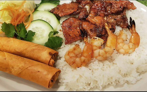 Rice Combo with Grilled Pork, Shrimp, and Eggrolls