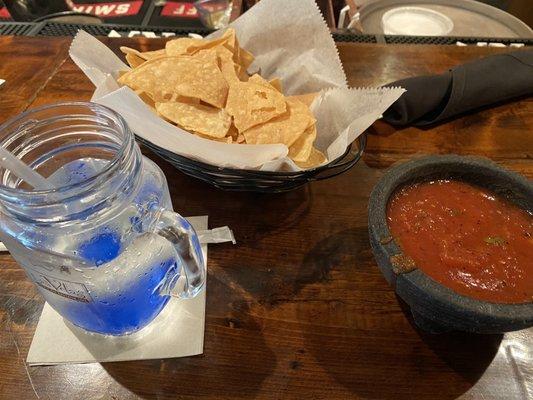 Chips, salsa, and a complimentary water ($3 for chips and salsa)